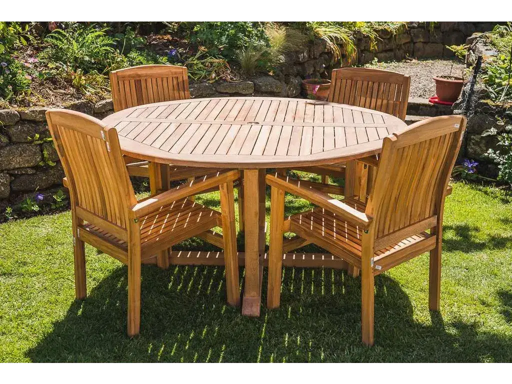 Solid Teak 1.5m Fixed Pedestal Table and 4 Charlotte Stacking Chairs Garden Furniture Set