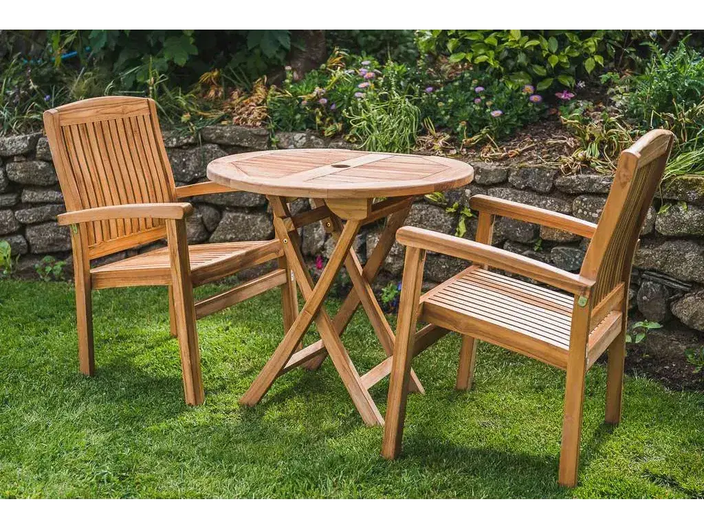 Solid Teak 80cm Folding Table and Two Charlotte Stacking Chairs Patio Set