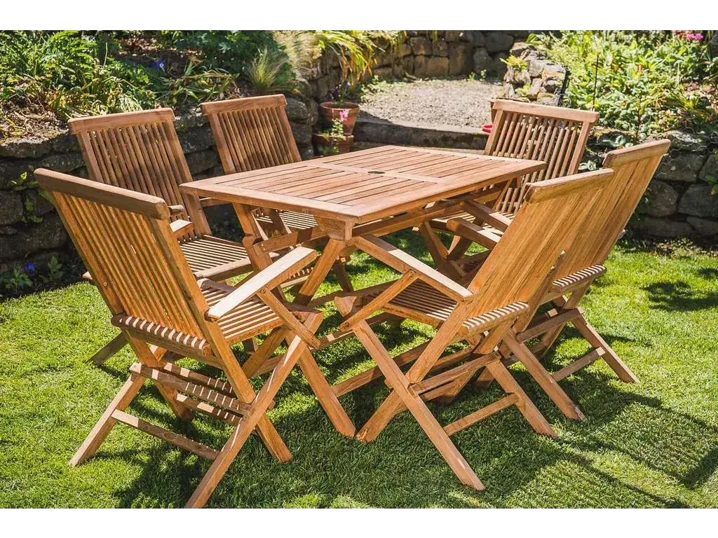 Solid Teak Rectangular Patio Set - 1.2m Rectangular Table and 6 Folding Armchairs