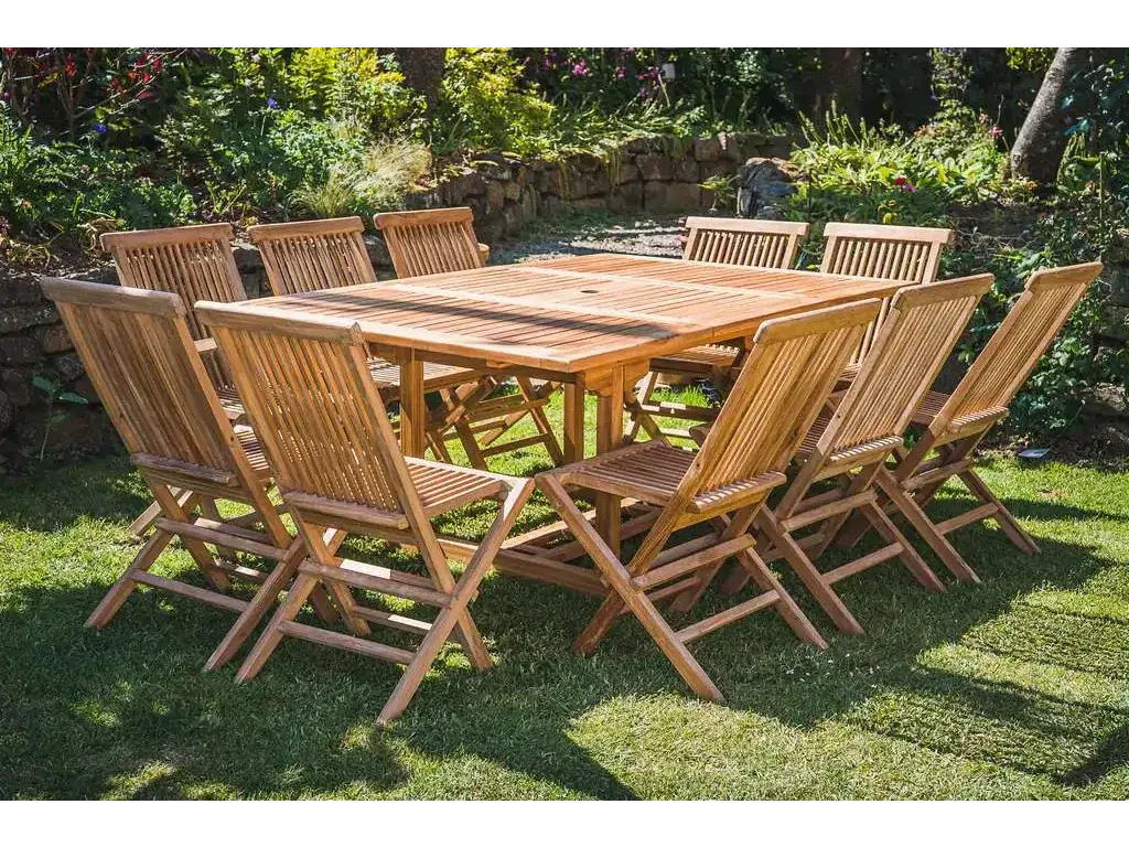 Solid Teak Square to Rectangular 1.2m - 1.8m Table and 10 Folding Chair Patio Set