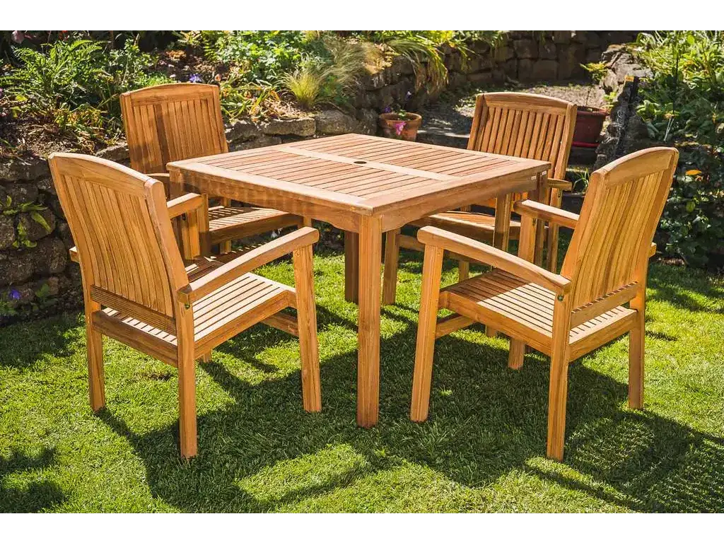 Solid Teak 1m Square Table and 4 Charlotte Stacking Chairs Patio Set