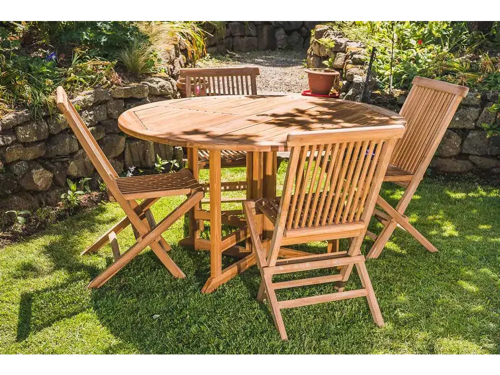 1.4m Solid Teak Folding Pedestal Table and 4 Folding Chairs Patio Set