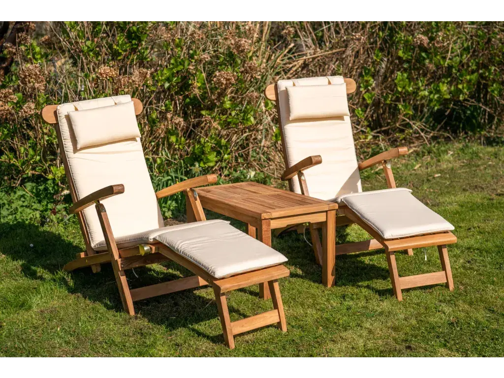 Teak Solid Wood Sun Lounger Couples Set with Large Coffee Table and Cushions