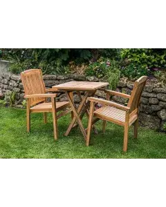 Solid Teak 60cm Folding Table and 2 Charlotte Stacking Chairs