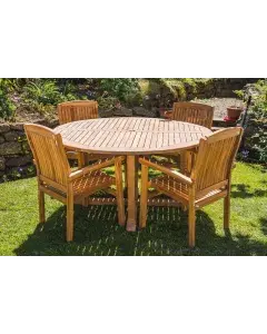 Solid Teak 1.5m Fixed Pedestal Table and 4 Charlotte Stacking Chairs Garden Furniture Set