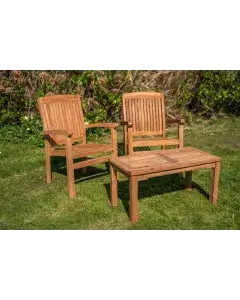 Fixed Teak Charlotte Stacking Double Chair and Coffee Table Loveseat Set