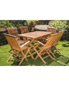 Solid Teak Rectangular Patio Set - 1.2m Rectangular Table and 6 Folding Armchairs