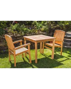 80cm Solid Teak Square Fixed Table and 2 Charlotte Stacking Chair Patio Set