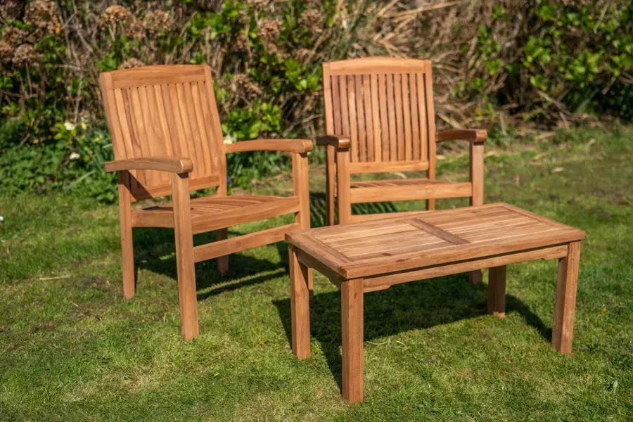 Fixed Teak Charlotte Stacking Double Chair and Coffee Table Loveseat Set