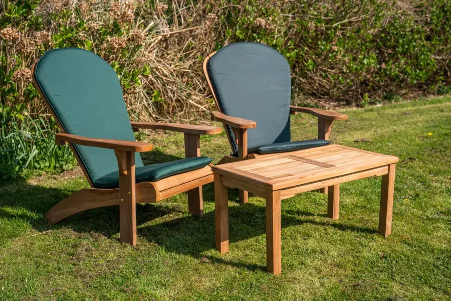 Teak Adirondack Couple Set with Large Coffee Table and Cushions