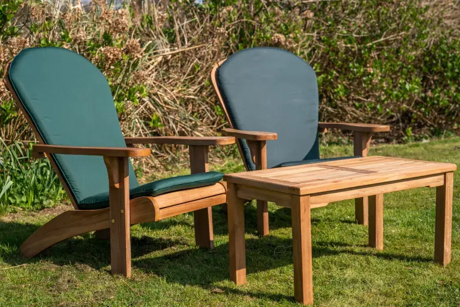 Teak Adirondack Couple Set with Large Coffee Table and Cushions