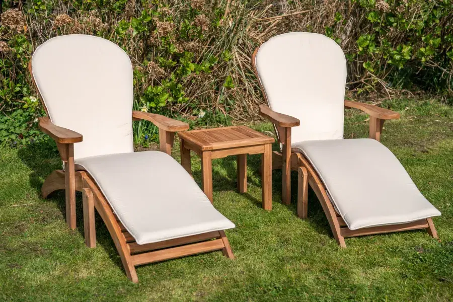 Teak Adirondacks with Footstools Deluxe Chair Set with Square Coffee Table and Cushions