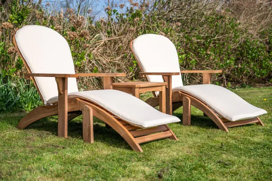 Teak Adirondacks with Footstools Deluxe Chair Set with Square Coffee Table and Cushions