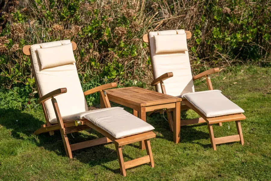 Teak Solid Wood Sun Lounger Couples Set with Large Coffee Table and Cushions