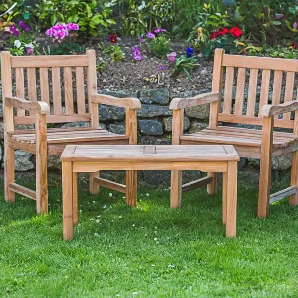 2 Seater Solid Teak Companion Set - Fixed Rectangular Garden Table and Chair Set-87