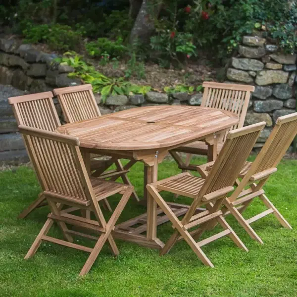 Oval Pedestal Solid Teak 1.6m Table and Folding Chair Patio Furniture Set-574