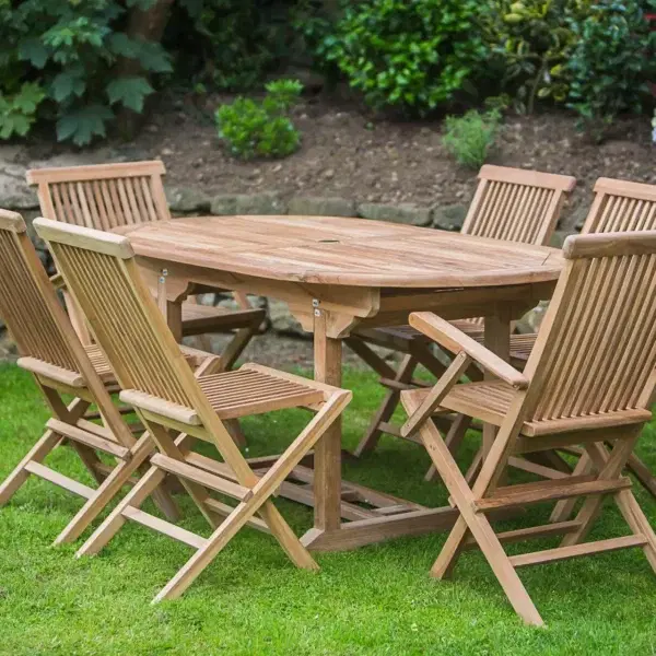 1.6m Solid Teak Oval Pedestal Table and Folding Patio Furniture Set (combo)-0