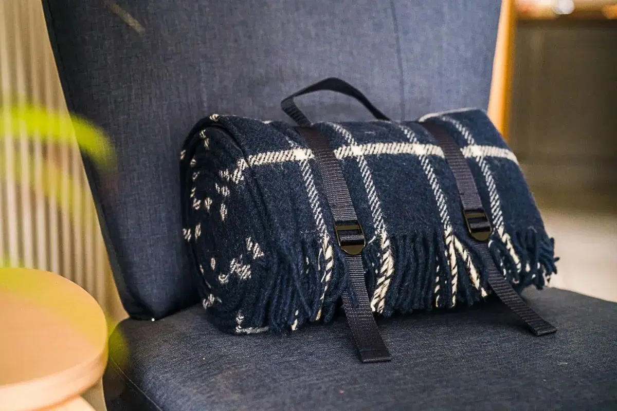 Checked Navy and Cream Wool Tartan Picnic Rug / Travel Blanket Lined Waterproof Backing-0
