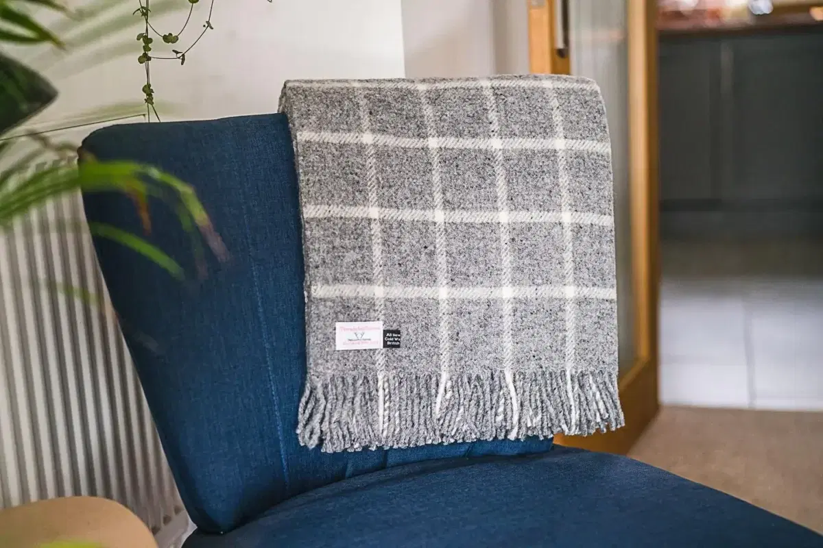 Grey Block Check 100% Wool Sofa Throw and Bed Blanket-0