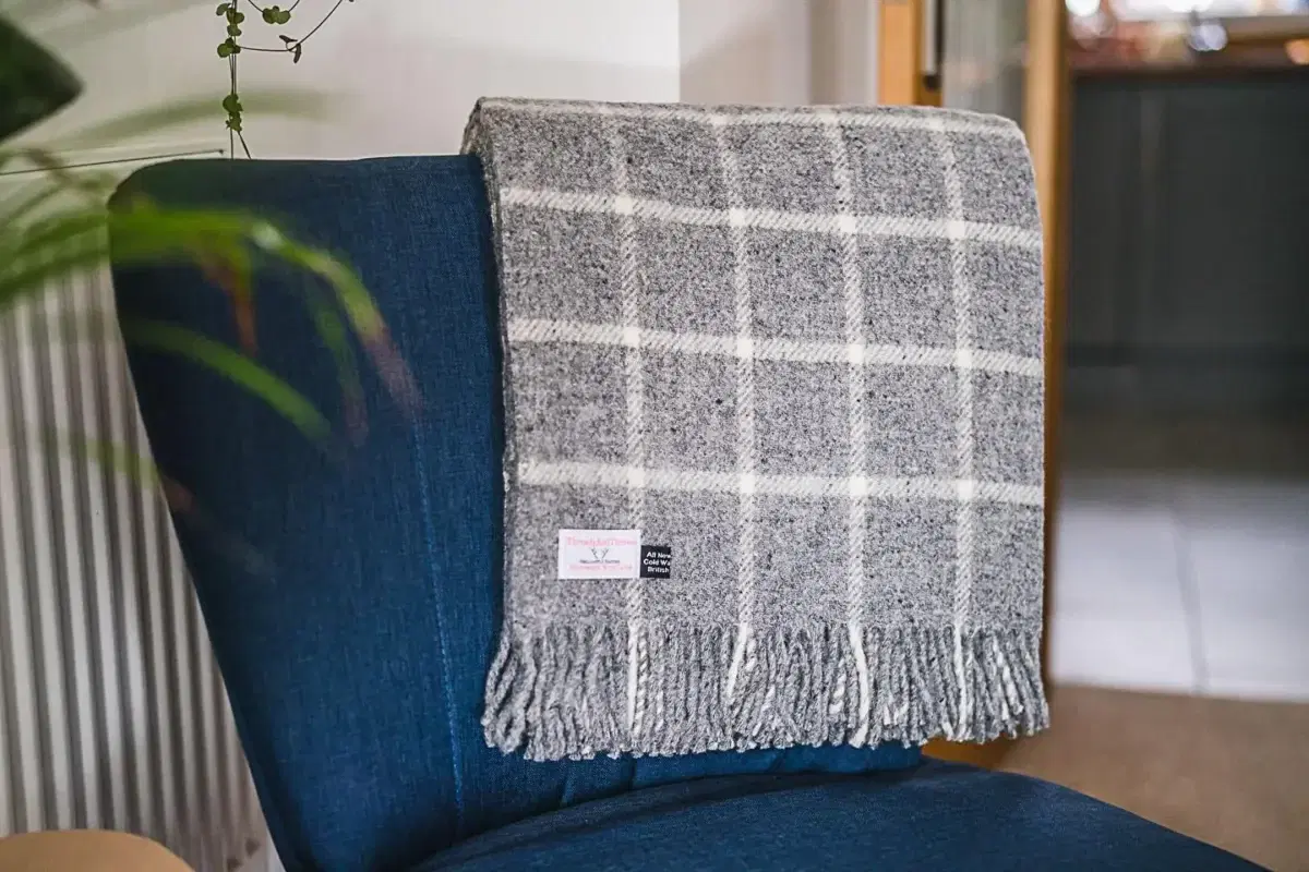 Grey Block Check 100% Wool Sofa Throw and Bed Blanket-945