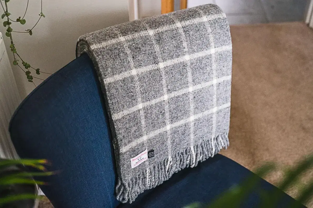 Grey Block Check 100% Wool Sofa Throw and Bed Blanket-946