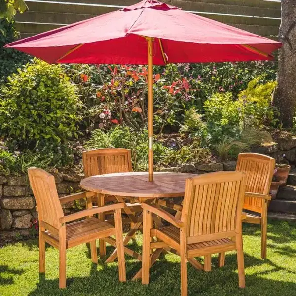 Garden Furniture Islington 18 Luxury Teak 1.2m Circular Folding Table with 4 Solid Stacking Charlotte chairs-1070