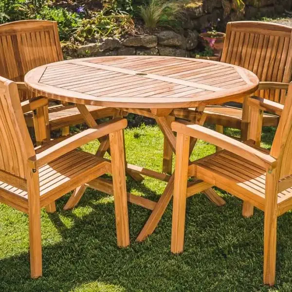 Garden Furniture Islington 17 Luxury Teak 1.2m Circular Folding Table with 4 Solid Stacking Charlotte chairs-0