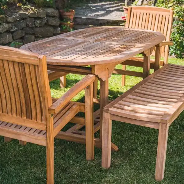 Fixed Teak Oval 1.6m Pedestal Patio Set with 2 Stacking Charlotte Chairs and 2 Backless Benches-1152