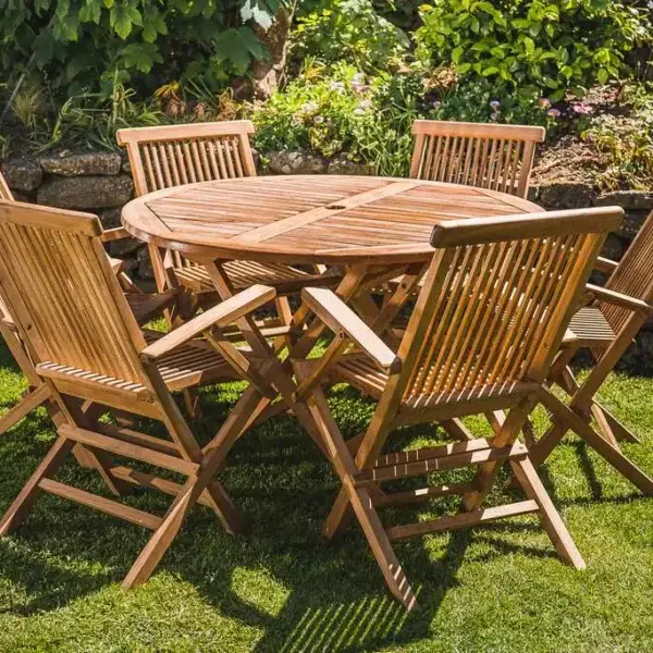 Teak Circular Garden Set - 1.2m Folding Table and 6 Teak Folding Armchairs-0