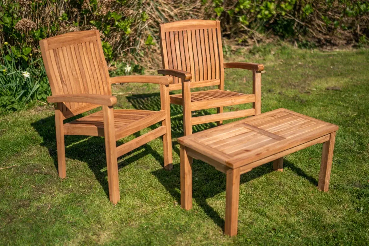 Fixed Teak Charlotte Stacking Double Chair and Coffee Table Loveseat Set-0