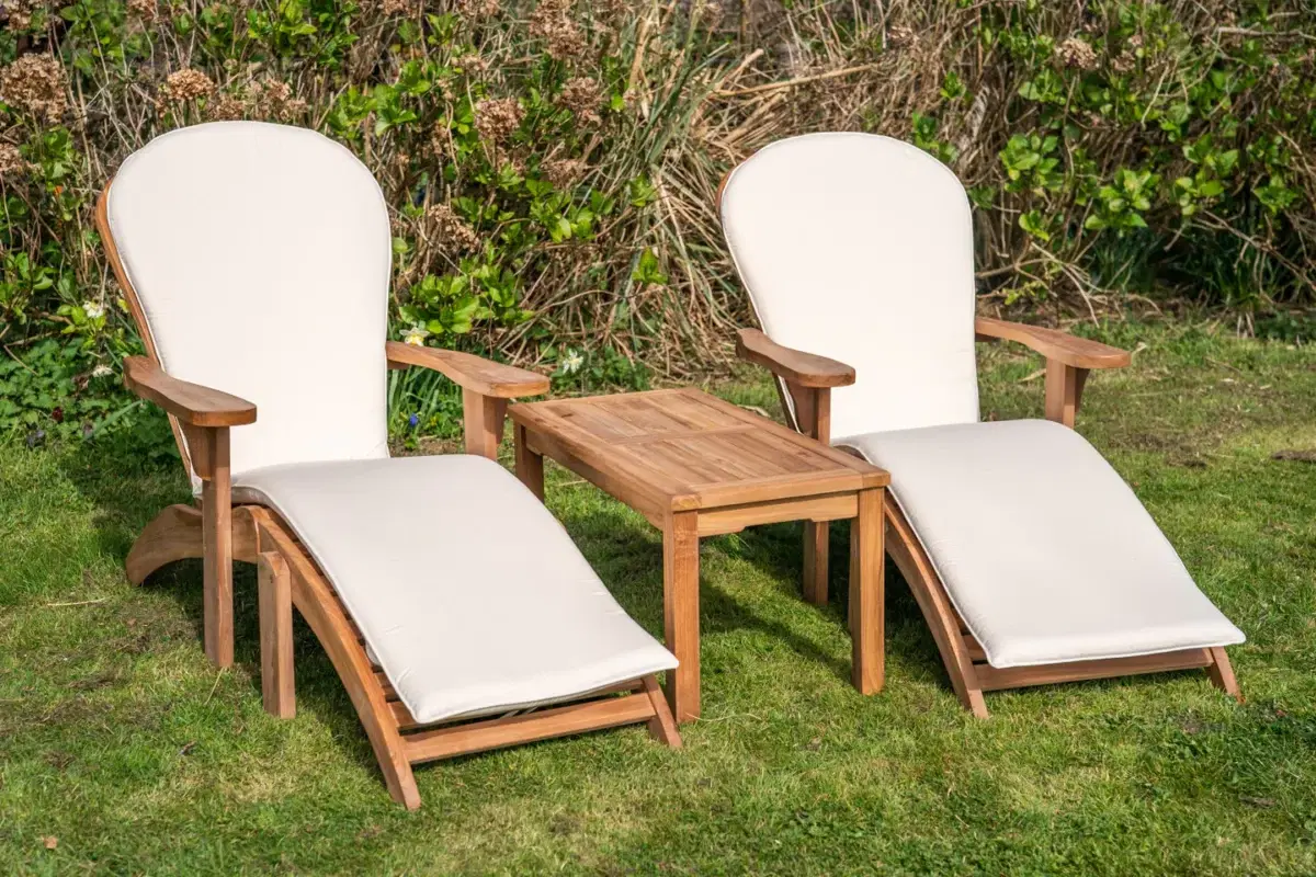 Teak Double Adirondack and Footstool Set with Large Coffee Table and Cushions-0