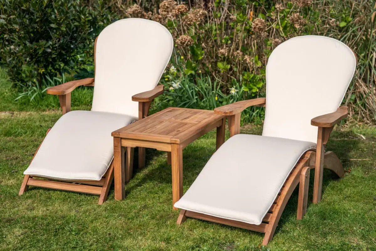 Teak Double Adirondack and Footstool Set with Large Coffee Table and Cushions-2046