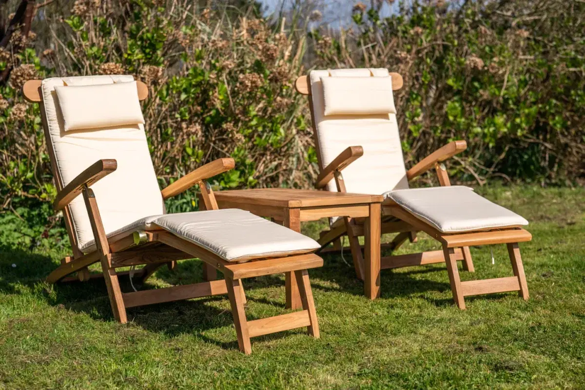 Teak Solid Wood Sun Lounger Couples Set with Large Coffee Table and Cushions-2058
