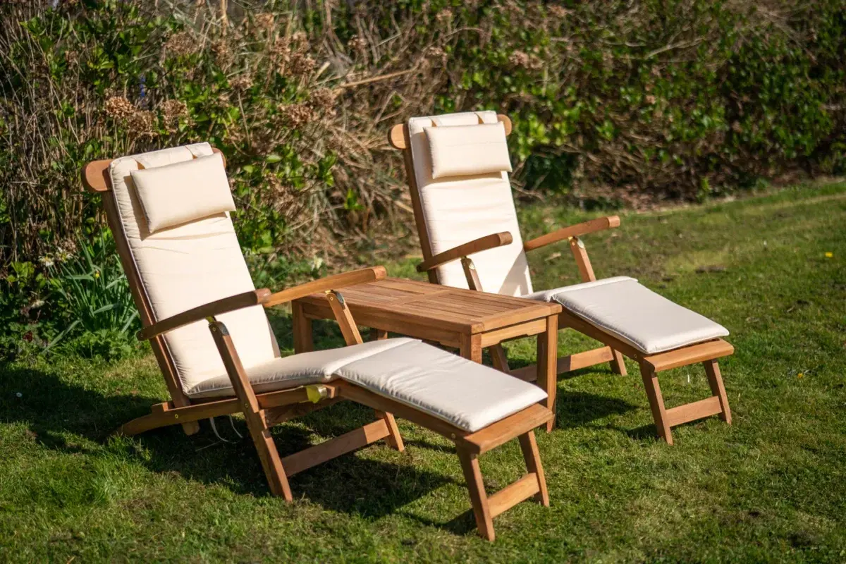 Teak Solid Wood Sun Lounger Couples Set with Large Coffee Table and Cushions-2060