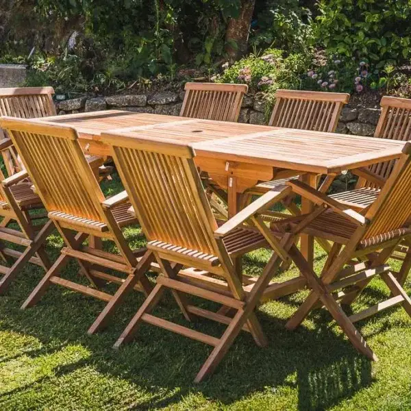 Garden Furniture in Spain 29 Solid Teak Rectangular Extending 1.5m - 2.1m Table and 8 Folding Armchairs Patio Set-2205