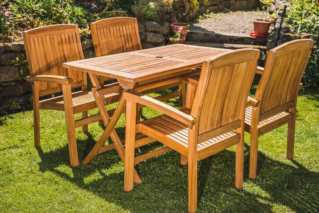 Solid Teak 1.2m Rectangular Folding Table and 4 Charlotte Stacking Chairs Patio Set 1 1 a7e.2 stack d