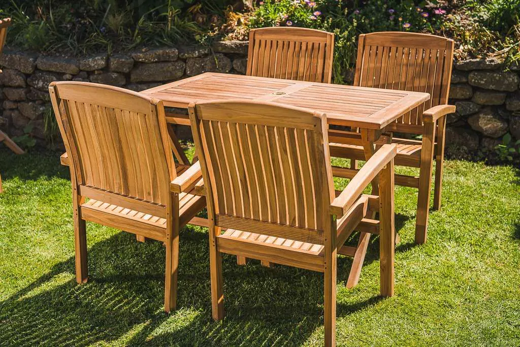 Solid Teak 1.2m Rectangular Folding Table and 4 Charlotte Stacking Chairs Patio Set 4 1 bae.2 stack c