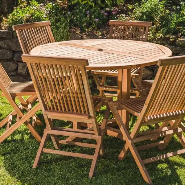 1.2m Solid Teak Pedestal Table and 6 Folding Chair Patio Set-0