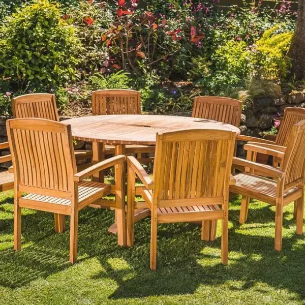 Solid Teak 1.5m Pedestal Table and 8 Charlotte Stacking chairs set-0