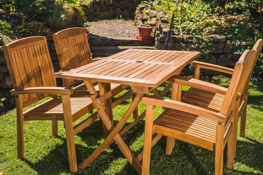 Solid Teak 1.2m Rectangular Folding Table and 4 Charlotte Stacking Chairs Patio Set 2 1 f72.2 stack a