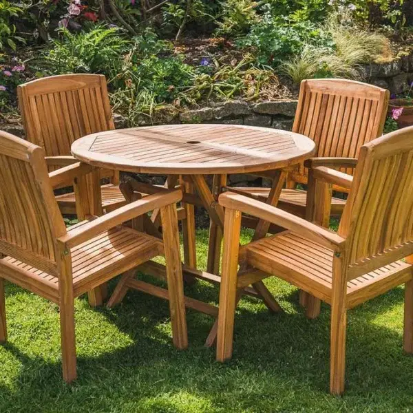 Solid Teak 1m Circular Folding Table with 4 Charlotte Stacking Chairs Patio Set-0