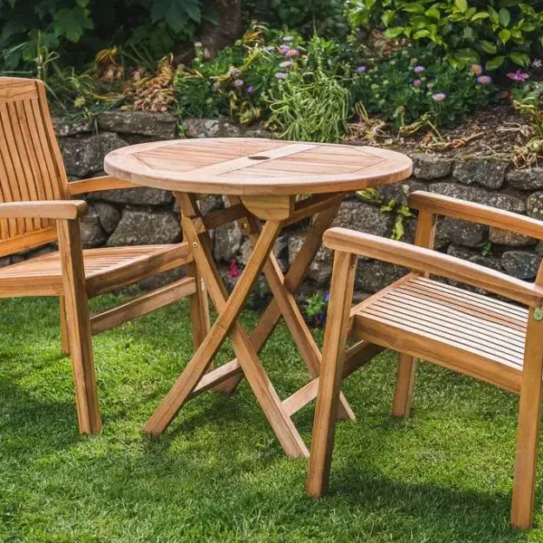 Solid Teak 80cm Folding Table and Two Charlotte Stacking Chairs Patio Set-0