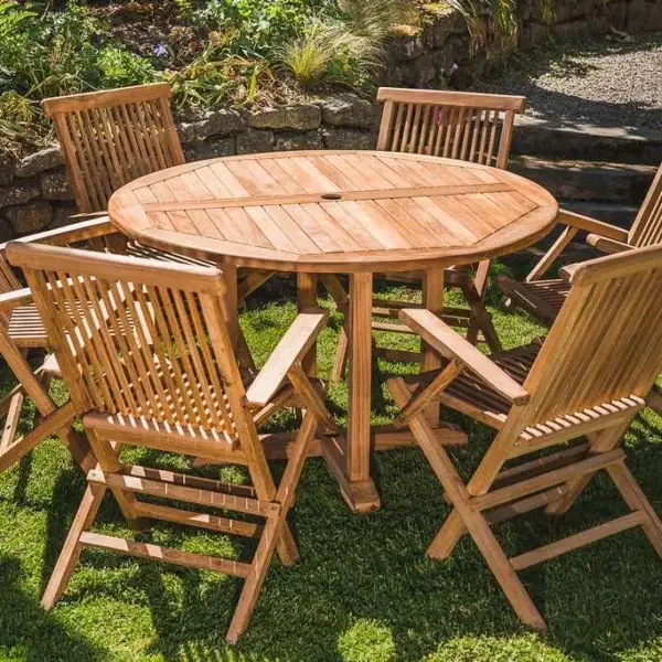 Solid Teak 1.2m Pedestal Table and 6 Folding Armchairs Patio Set-0