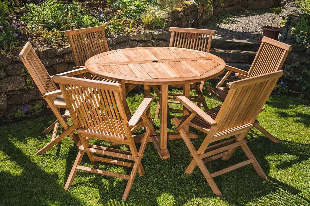 Garden Furniture Bristol 1 Solid Teak 1.2m Pedestal Table and 6 Folding Armchairs Patio Set-0
