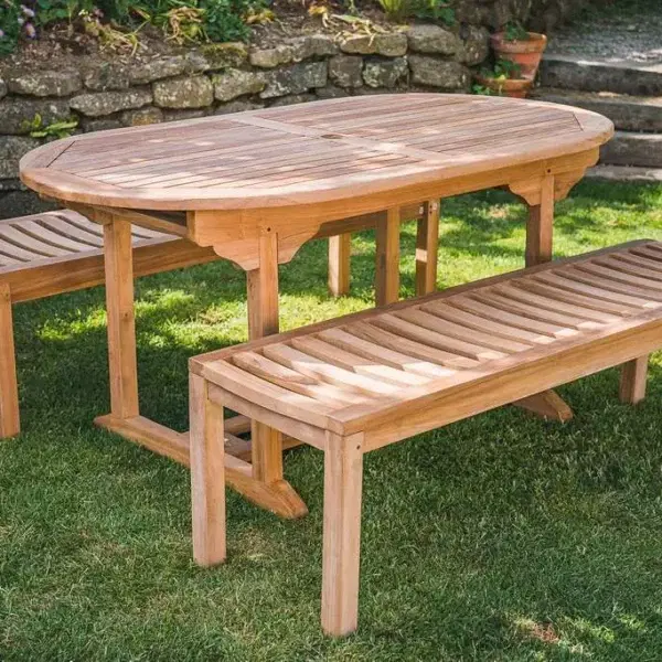 1.6m Solid Teak Oval Pedestal Table and 2 Backless Bench 6 Seater Patio Set-0