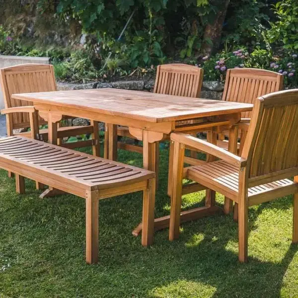 1.6m rectangular Pedestal Patio Set with 4 Charlotte Stacking Chairs and Backless Bench-2294