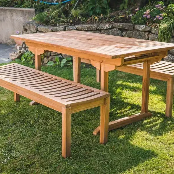 1.6m Rectangular Solid Teak Pedestal Table with 2 Backless Bench 6 Seater Patio Set-0