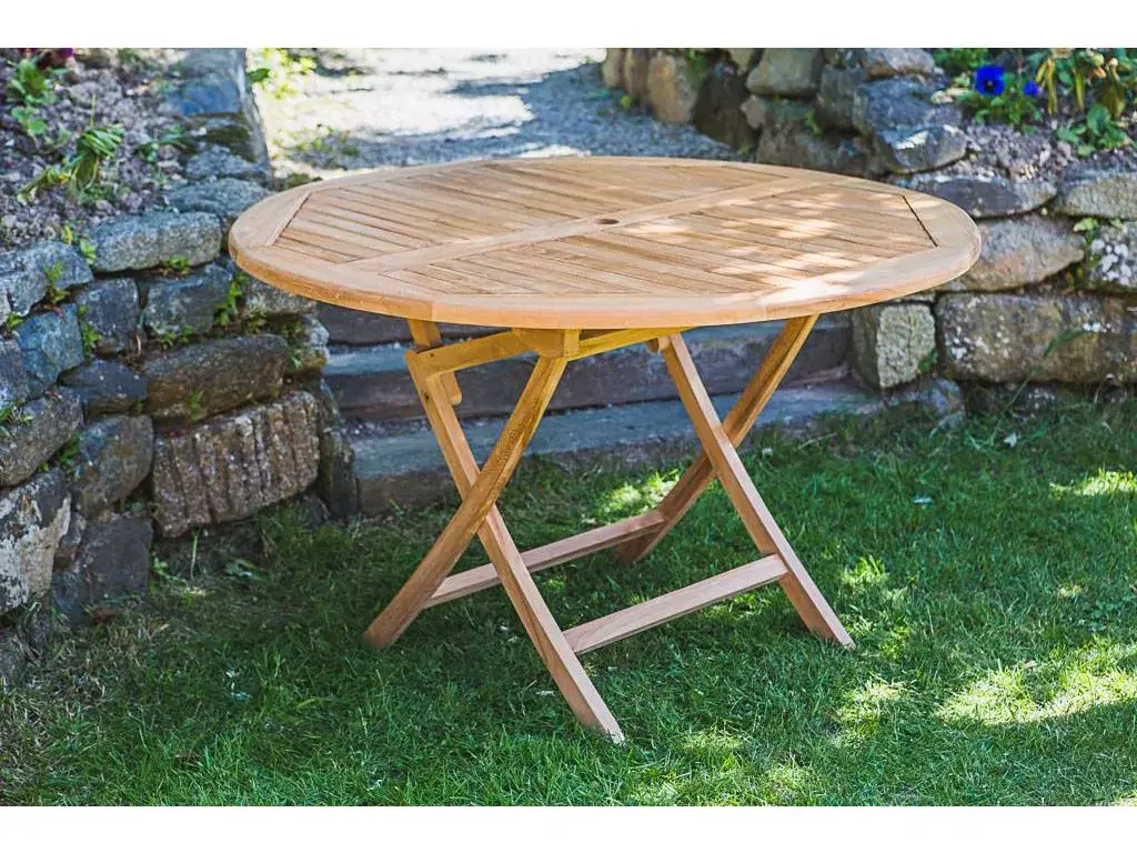 Solid Teak 1.2m Circular Folding Table and 6 Charlotte Stacking Chairs Patio Set-2261