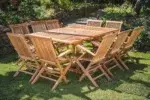 Square Extending 1.2m - 1.8m Solid Teak Table and 10 Folding Armchair Patio Set-0