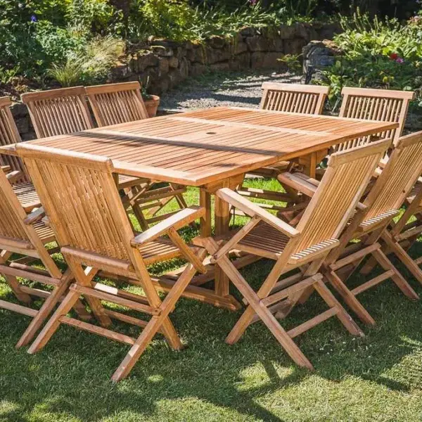 Square Extending 1.2m - 1.8m Solid Teak Table and 10 Folding Armchair Patio Set-0